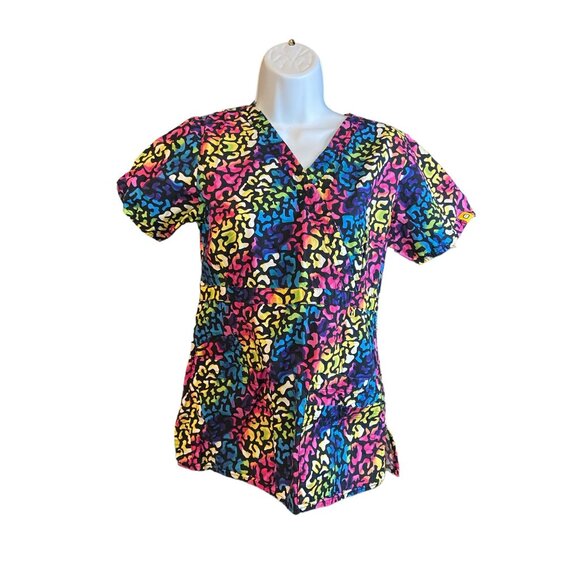 Wonderwink Womens Scrub Top XS Multicolor Animal Print Cotton Workwear - Picture 2 of 6